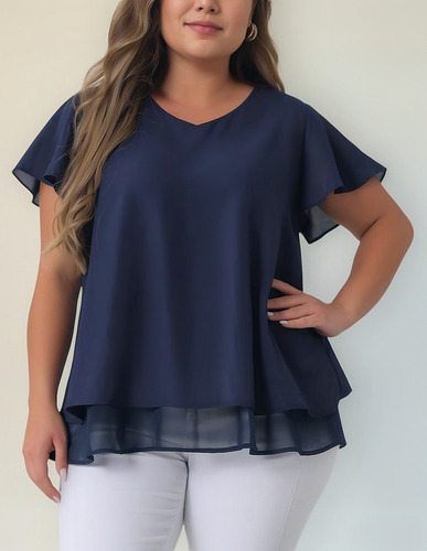 Blusa Gasa Talla Grande Top Casual Con Dobladillo Doble Capa