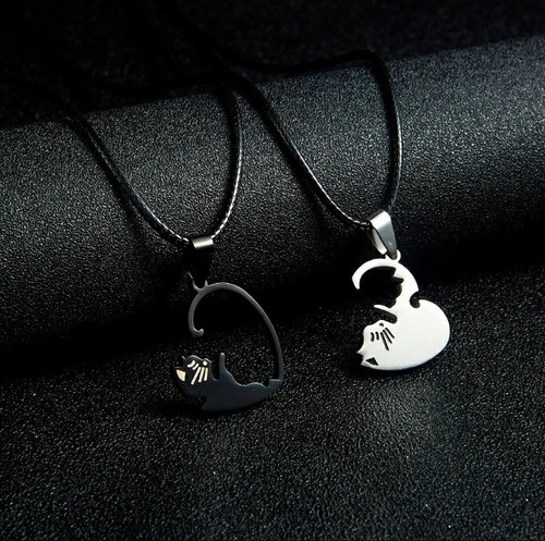 Collar Parejas Novios Acero Corazón Yin Yang Gato Amistad