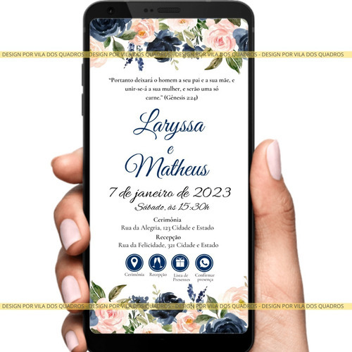 Convite De Casamento Digital Interativo Floral Azul