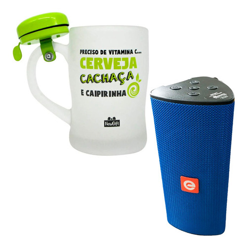 Kit Caixa De Som Cs-m33bt Azul + Caneca De Vidro Vitamina C