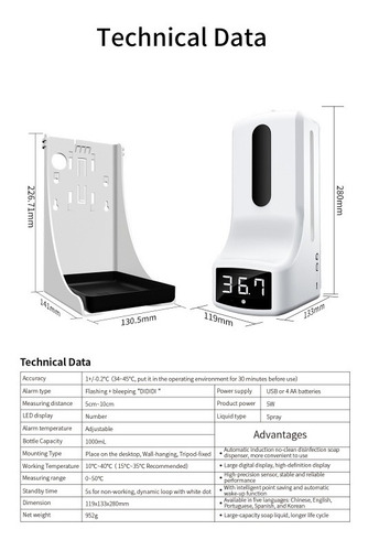 Imagen 6 de 9 de Termómetro Y Dispensador Alcohol Gel Auto K9 Con Tripode S/c