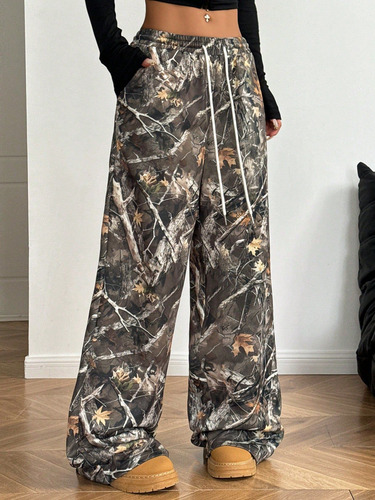 Pantalones Anchos Con Estampado De Camuflaje Para Mujer
