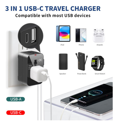 Adaptador De Enchufe Viajero Con Usb + Tipo C Conector Viaje