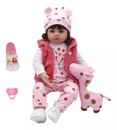 Boneca Bebe Reborn Realista de Silicone NPK 48cm e Girafinha