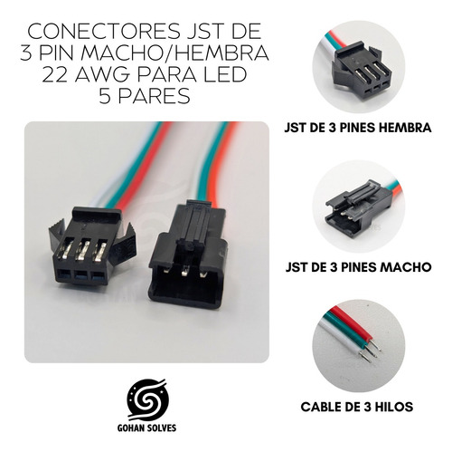 Conectores Jst Sm 3 Pin Macho/hembra 22 Awg Para Led 5 Pares