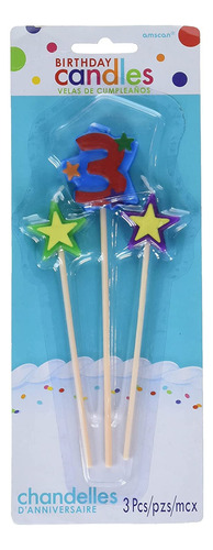 Amscan # 3 Star Decorative Pick Candles, 5  Y 7 , Multicolor