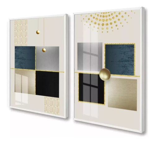 Kit 2 Quadros Decorativos Abstrato Dourado Moldura E Vidro Cor Da Armação Branco