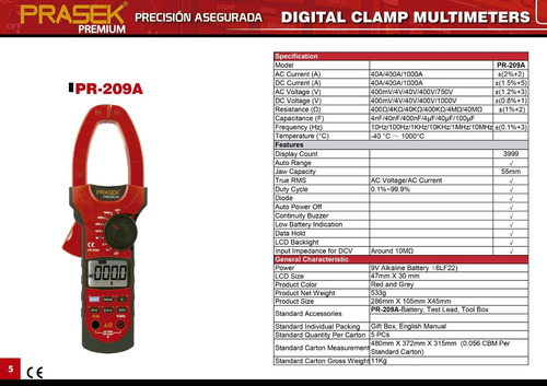 Pinza Amperimetrica Pr-209a Tecnologia De 1ra Prasek Premium