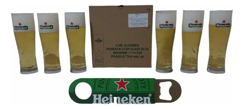 Caja 6 Vasos Cerveza Heineken 250 Ml + Destapador Original
