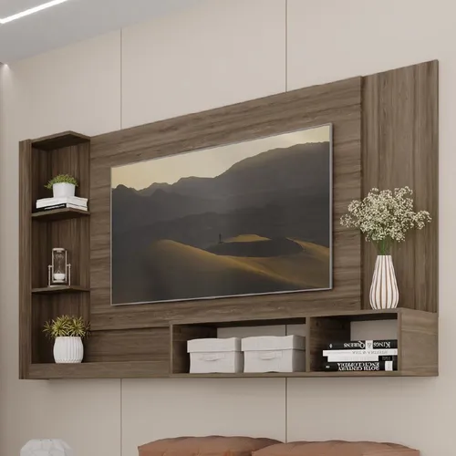 Painel Para Tv Até 55 Polegadas Com 3 Nicho Luxo Freijó Com Off White Painel para tv