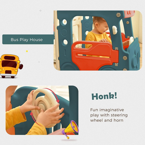 Tobogan 5 En 1 Para Niños Autobus Y Columpio Rojo Merax