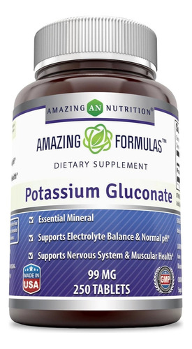 Amazing Formulas Potassium Gluconate 99mg 250 Tabletas Sabor Sin sabor