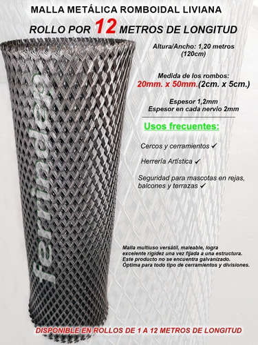 Imagen 3 de 10 de Malla Metál Romboidal Desplegado 20x50mm Rollo 1,20 X 12mts