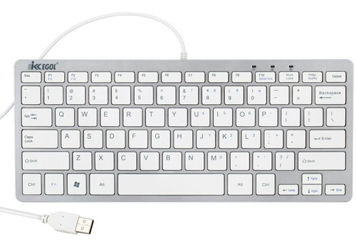 Teclado Delgado Para Pc Fino, Con Cable | Blanco / Plateado