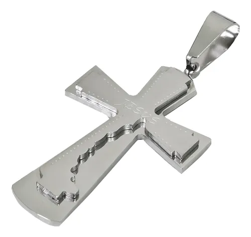 Pingente Cruz Grande Jesus Aço Inox Inoxidável Alto Relevo Prateado