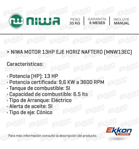 Imagen 2 de 8 de Motor Niwa 13 Hp Eje Horizontal Naftero Mnw13ec