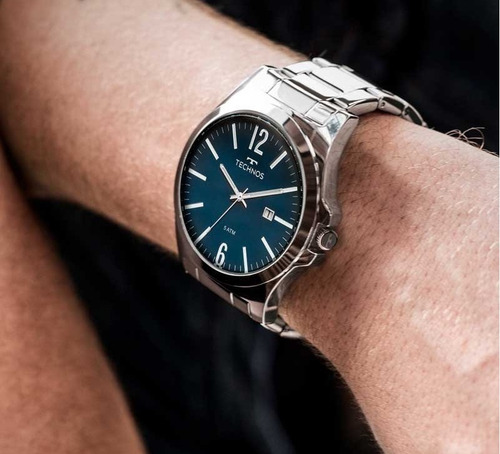Relógio Technos Masculino Prata Azul Original Com Calendário