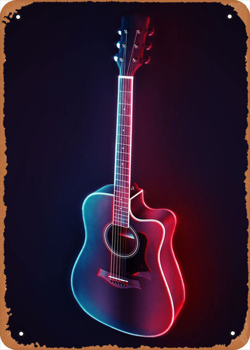 Letrero Metal Guitarra Neon 2 Instrumento Musical Arte Pared