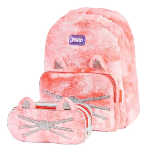 Mochila Miko Para Kinder Y Lapicera Doble, Diseño De Gato, Con Suave Peluche Rosa