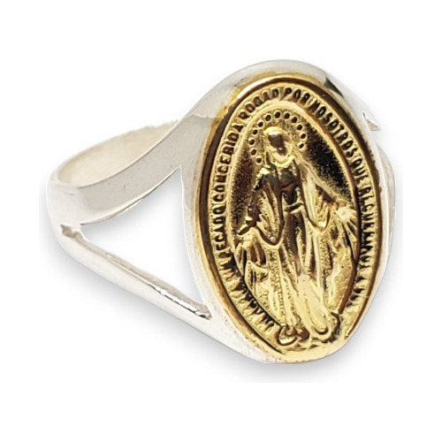 Anillo Plata Y Oro Virgen Medalla Milagrosa Calado