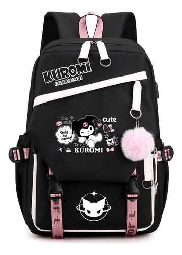 Mochila escolar periférica de grande capacidade Kuromi Melody, 1 cor 2023, figura 2, deitada em preto e branco