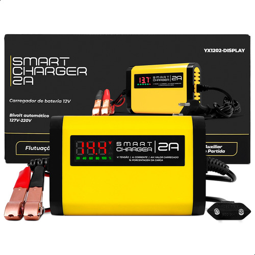 Carregador De Bateria 12v Automotivo Moto 2a Visor Digital Voltímetro Carga Automático Carro Inmetro Smart Charger 4x4sc