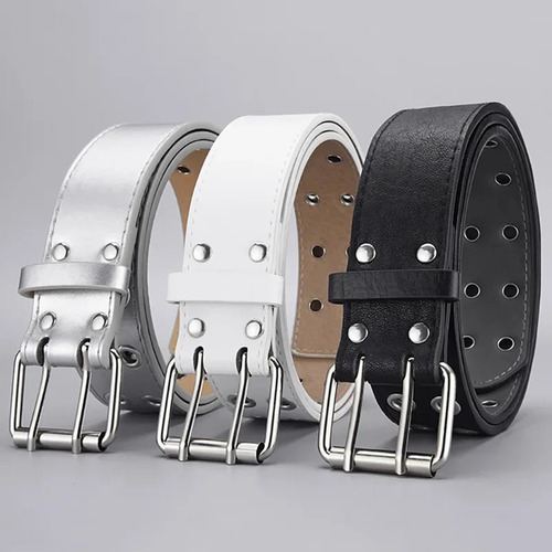 Cinturón Unisex De Piel Con Doble Hebilla Estilo Punk