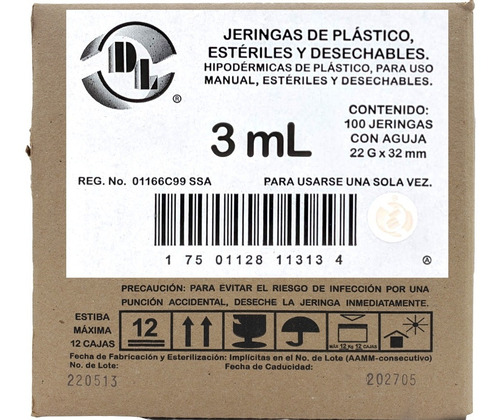 Jeringa 3 Ml Con Aguja 22x32 De Plástico Caja Con 100 Piezas
