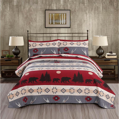 Ycosy Lodge Bear Quilt Set King Size Cabin Colcha Rústica Co