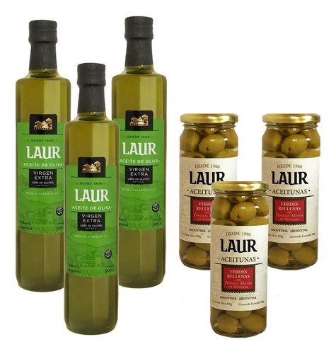 Combo 3 Aceite Laur Extra Virgen X500 + 3 Aceitunas Verdes