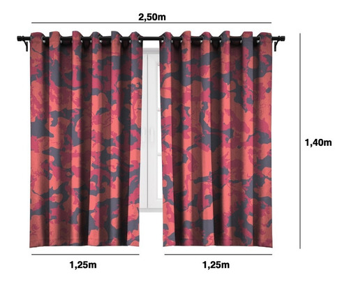 Imagem 2 de 4 de Cortina Tecido Quarto Camuflado Vermelho Retro 2,50x1,40m
