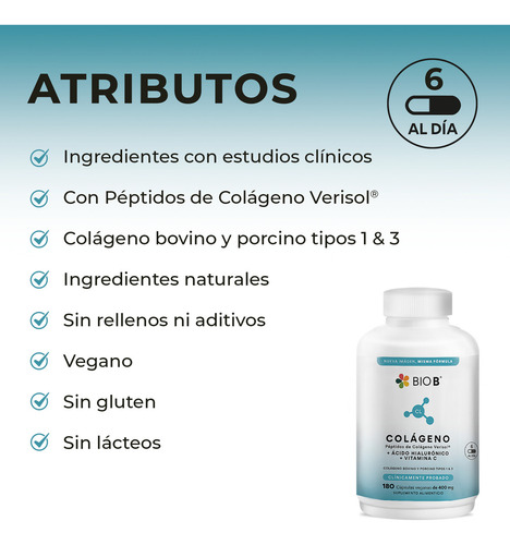 BIO B 180 cápsulas Colágeno Hidrolizado + Ácido Hialurónico + Vitamina C