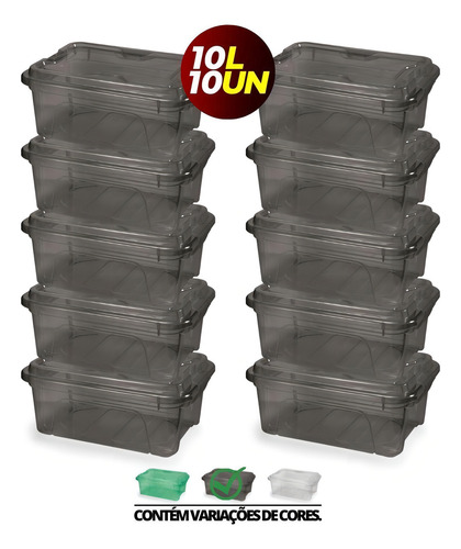 Kit 10 Caixa Organizadora Multiuso 10 Litros Com Trava Usual Cor Preto translúcido Liso