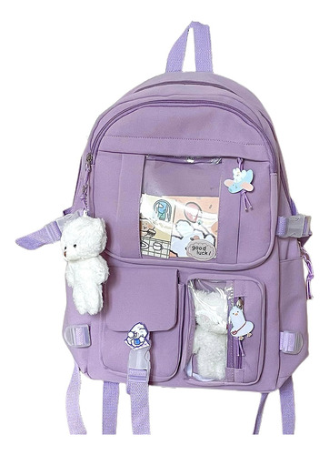 Mochila Escolar Para Niñas Con Pin Y Accesorios - Purpura