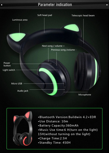 Headphone Orelha De Gato Com Led Bluetooth 5.0 Ear Cat Azul