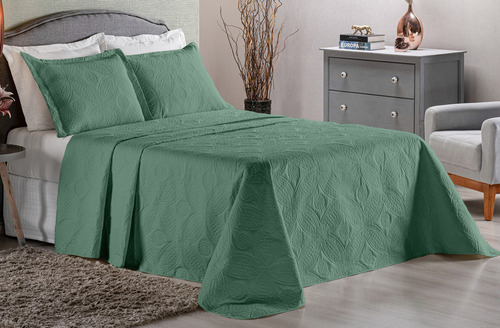Kit Cobre Leito Casal 3 Peças Mimo Colcha Dupla Face Cor Verde Lisa
