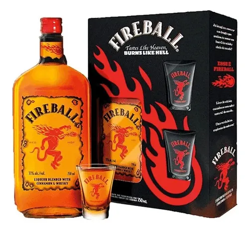 Licor Whisky Fireball Red Hot Canela 750ml + 2 Copos De Shot