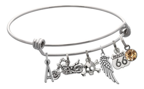 Pulsera Motocicleta Dije Letra Chopper Ruta 66 Cráneo Alas