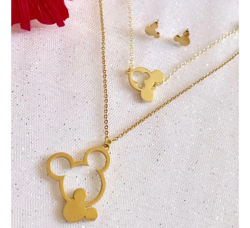 Set Collar Aretes Pulsera Mickey Mouse Baño De Oro Color Dorado
