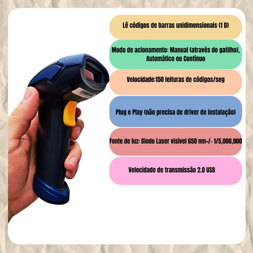 Leitor De Código Barras, Laser 1d, Com Cabo Usb