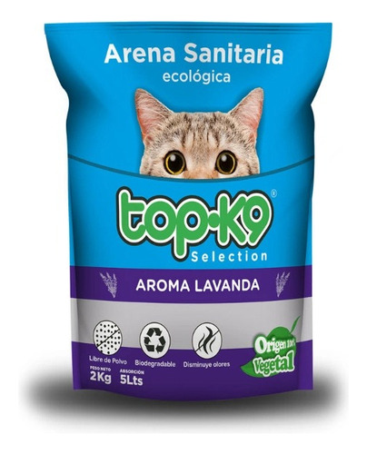 Arena Sanitaria Ecológica Top-k9 Lavanda 2 Kilos x 2kg de peso neto  y 2kg de peso por unidad