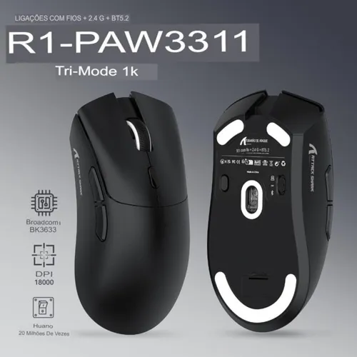 Ratón Gamer Attack Shark R1 18000 Dpi Paw3311 Trimodo 1000