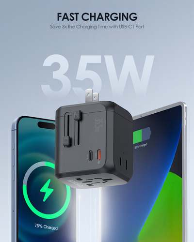 Epicka Adaptador de Viaje Universal Adaptador Internacional de Enchufes Con Doble Toma de Corriente Ac 2 Usbc de Carga Rápida Pd 35w y 3 Usba Cargador de Pared Mundial Todo en uno Ta205 Negro 127V