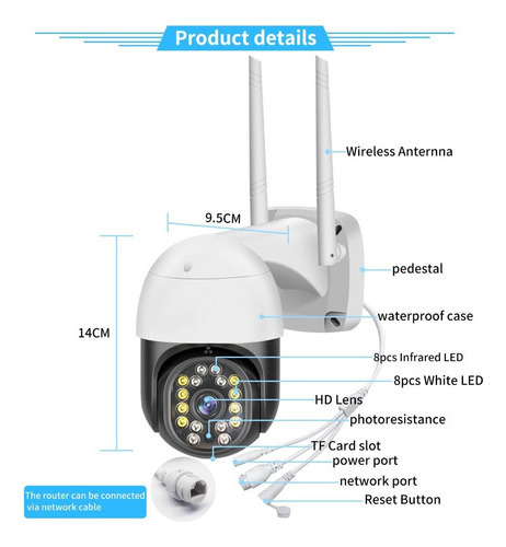 Cámara Exterior 1080p Wifi Seguridad Inalambrica Fhd 8+8leds Audio Bidireccional Giro Horizontal: 355 ° Vertical : 90 °