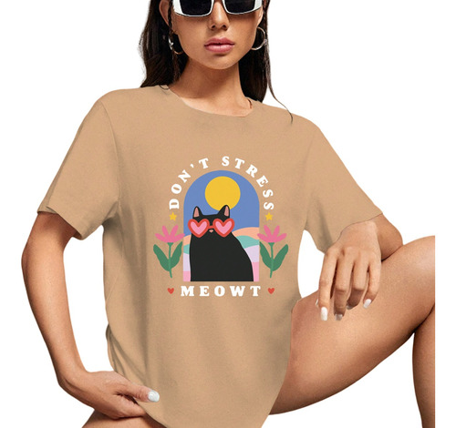 T-shirt Feminina Instagram Cor Variada Don't Stress Meowt