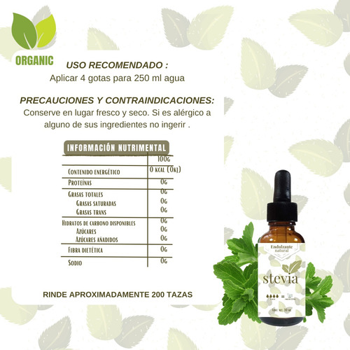 Extracto De Stevia Organica Liquida Natural No Amarga 30 Ml