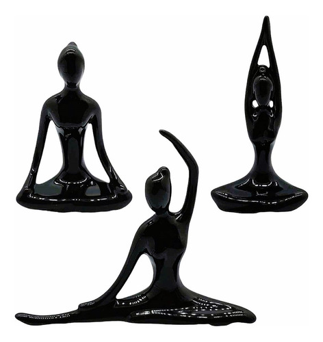 Kit 3 Estátuas Yoga Meditação Zen Sala Quarto Aparador Ioga Cor Preto