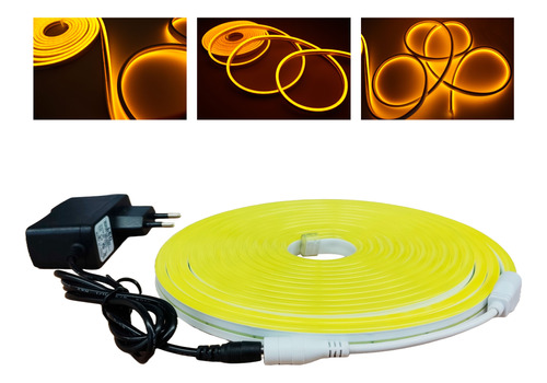 Mangueira Led Neon 12v Amarelo 5m Flexivel Com Fonte Bivolt