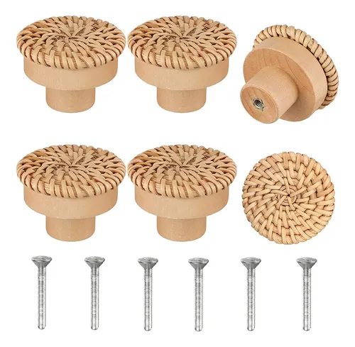 12 Pomos De Ratán Para Muebles - Diseño Natural (40x30 Mm, Incluye Tornillos)