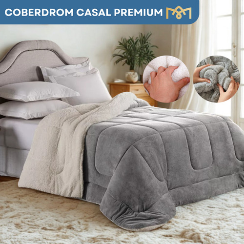 Edredom Sherpa Cobertor E Coberdrom Casal Queen Size Super Macio Grosso Pele Lã Carneiro Cor Cinza